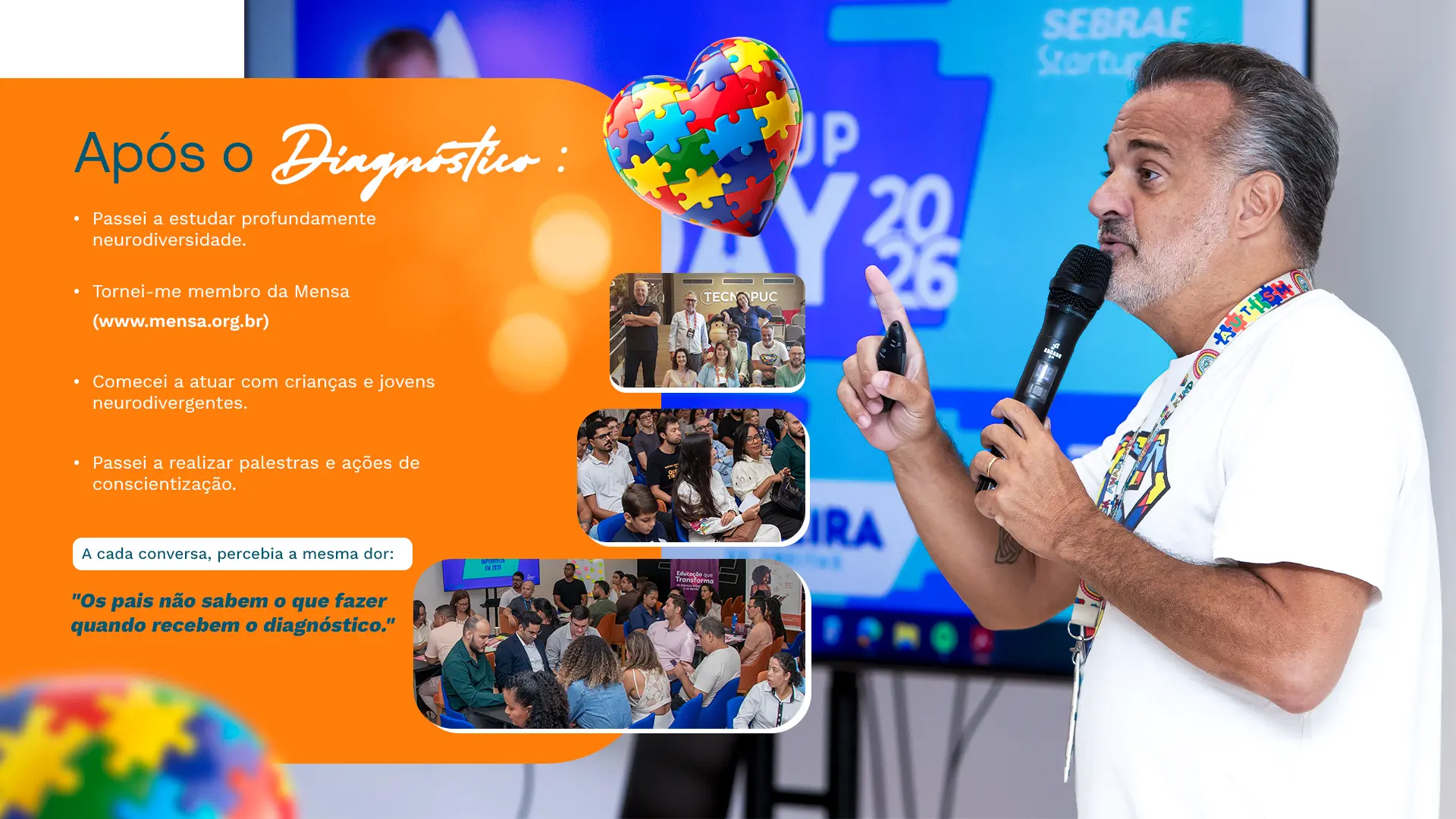 Mario Aguilar palestrando sobre neurodivergência